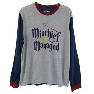 Harry Potter Mischief Managed Gray Blue Red T Shirt Womens Size L Long Sleeve